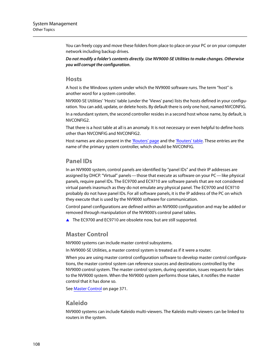 Hosts, Panel ids, Master control | Kaleido, Hosts panel ids master control kaleido | Grass Valley NV9000-SE v.5.0 User Manual | Page 126 / 540