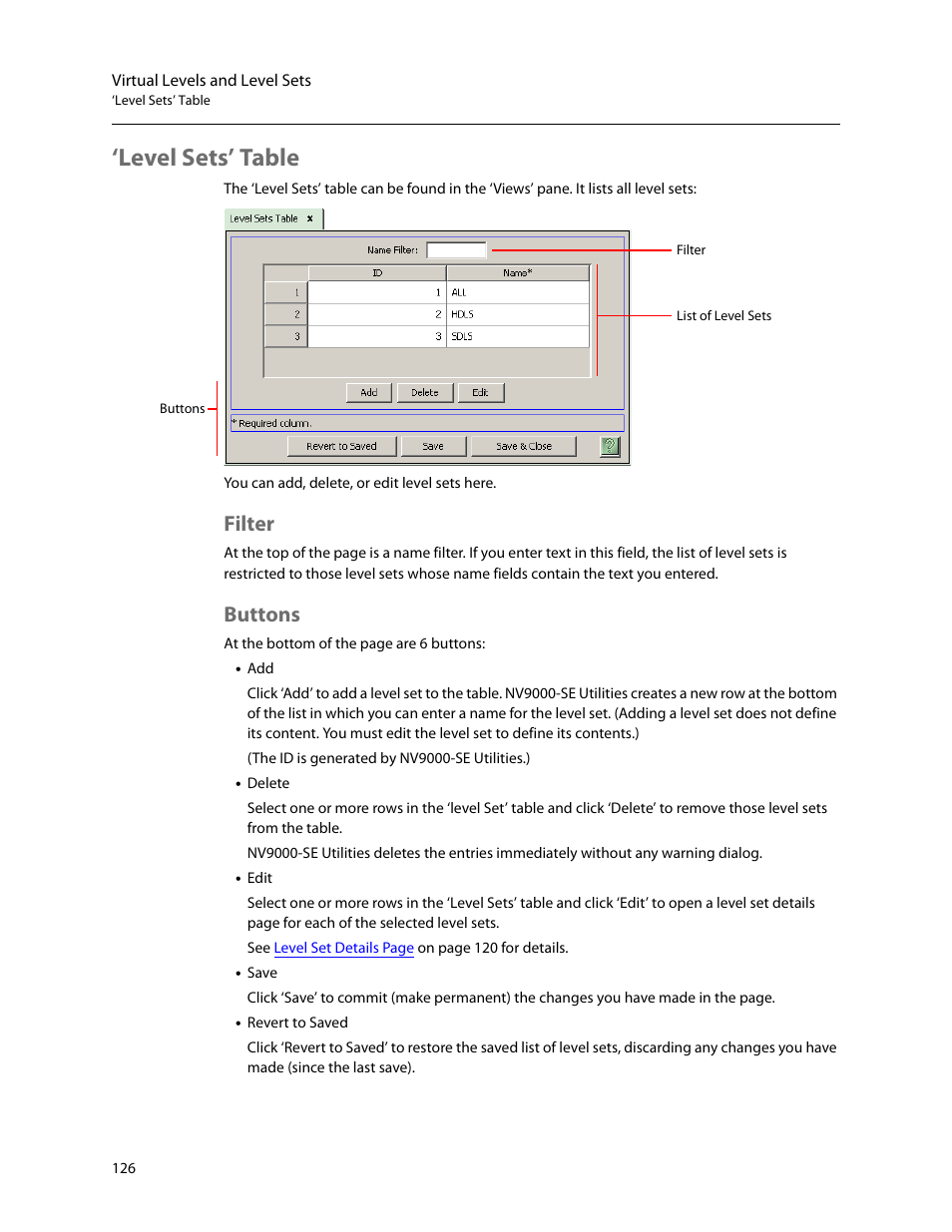 Level sets’ table, Filter, Buttons | Filter buttons | Grass Valley NV9000-SE v.5.0 User Manual | Page 144 / 540