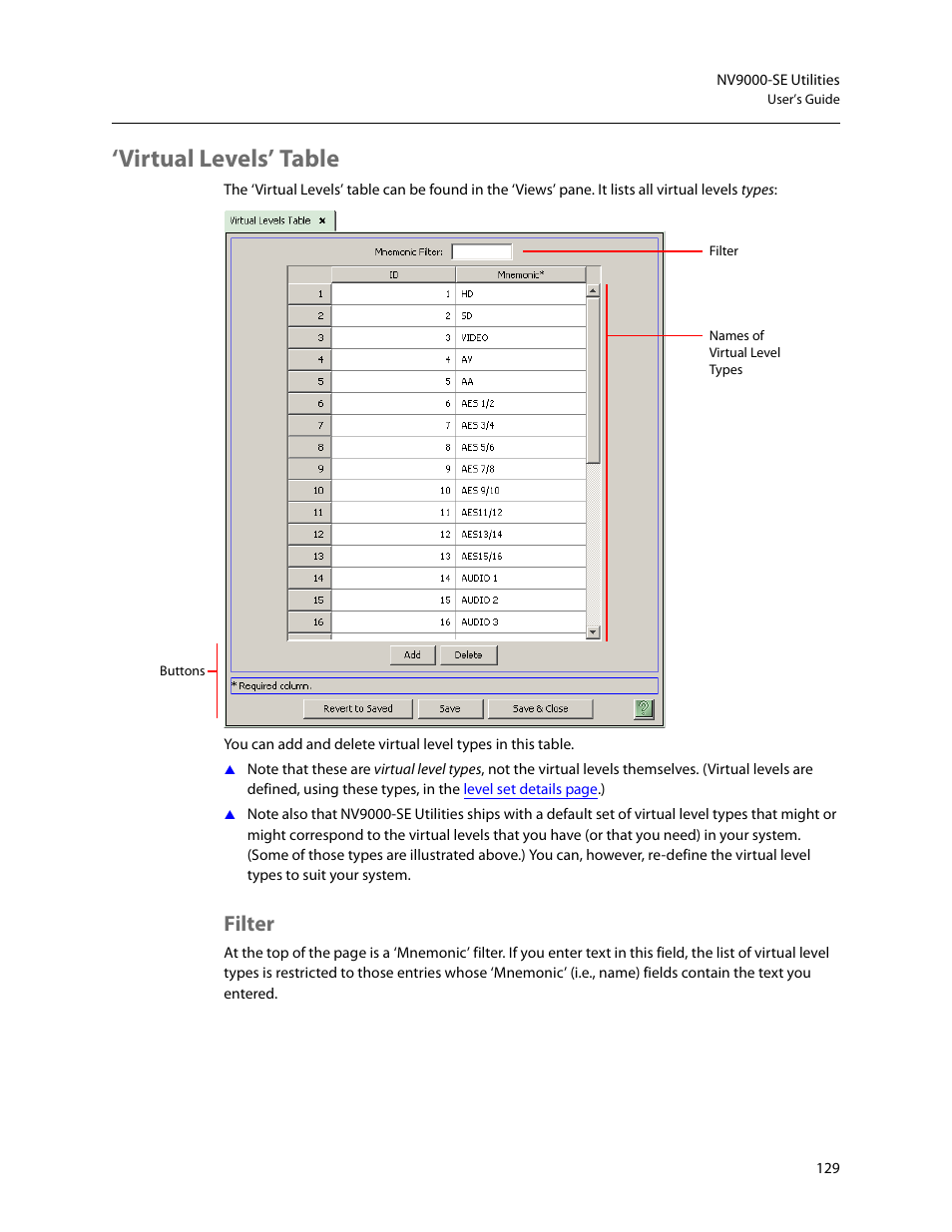 Virtual levels’ table, Filter | Grass Valley NV9000-SE v.5.0 User Manual | Page 147 / 540