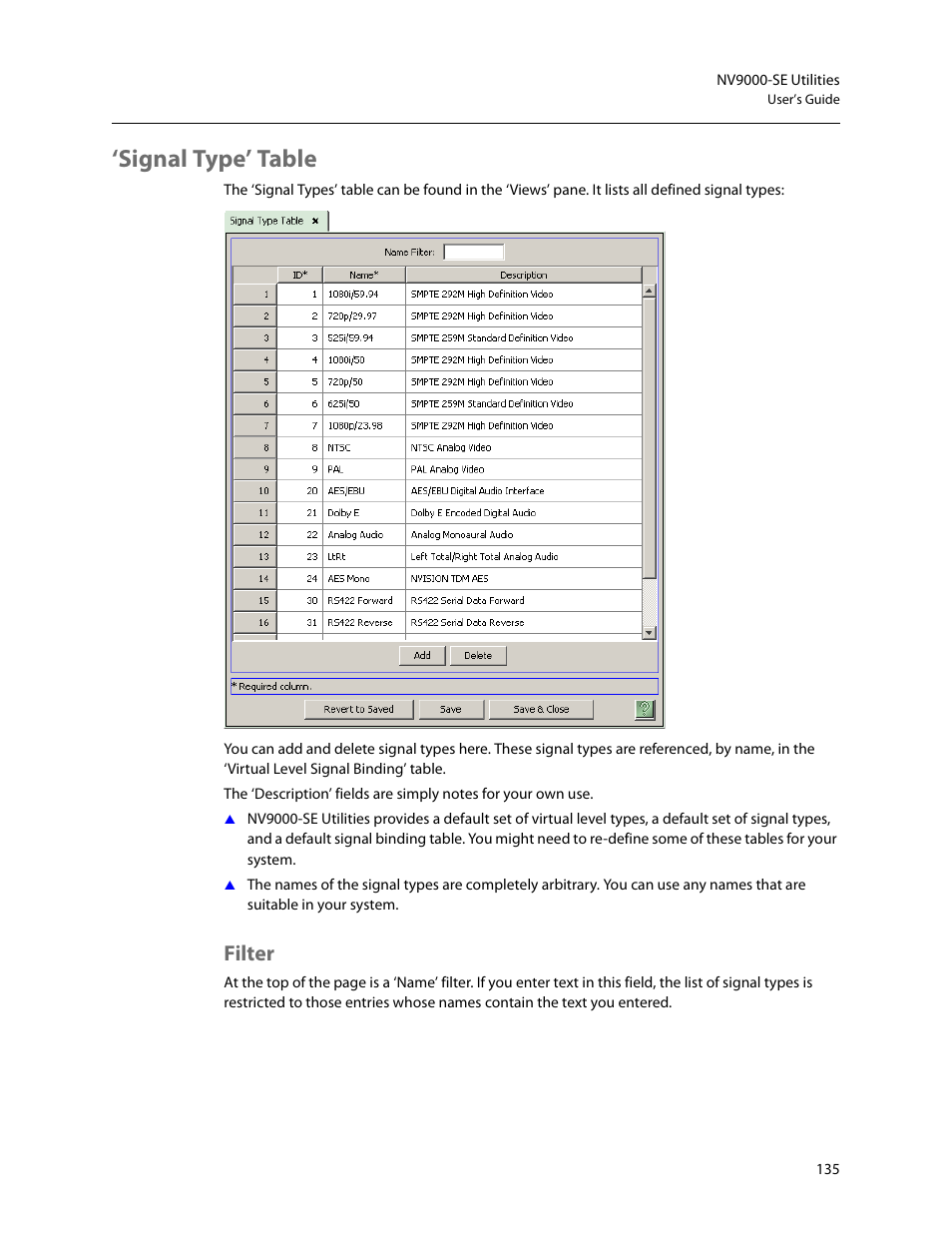 Signal type’ table, Filter | Grass Valley NV9000-SE v.5.0 User Manual | Page 153 / 540