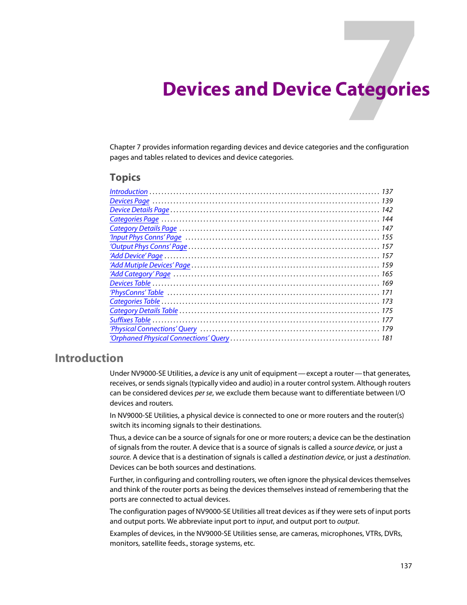 Devices and device categories, Introduction, 7 devices and device categories | Topics | Grass Valley NV9000-SE v.5.0 User Manual | Page 155 / 540