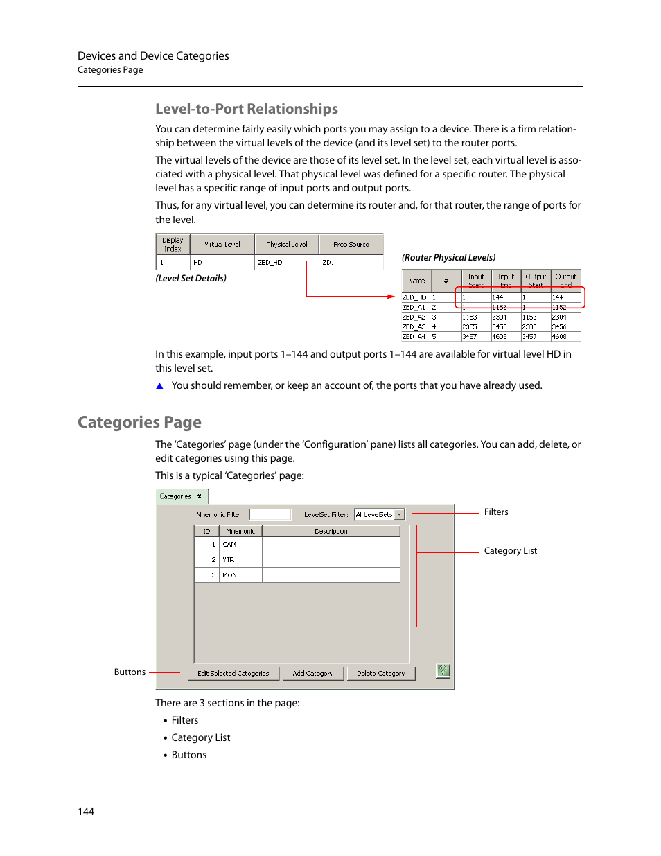 Level-to-port relationships, Categories page | Grass Valley NV9000-SE v.5.0 User Manual | Page 162 / 540