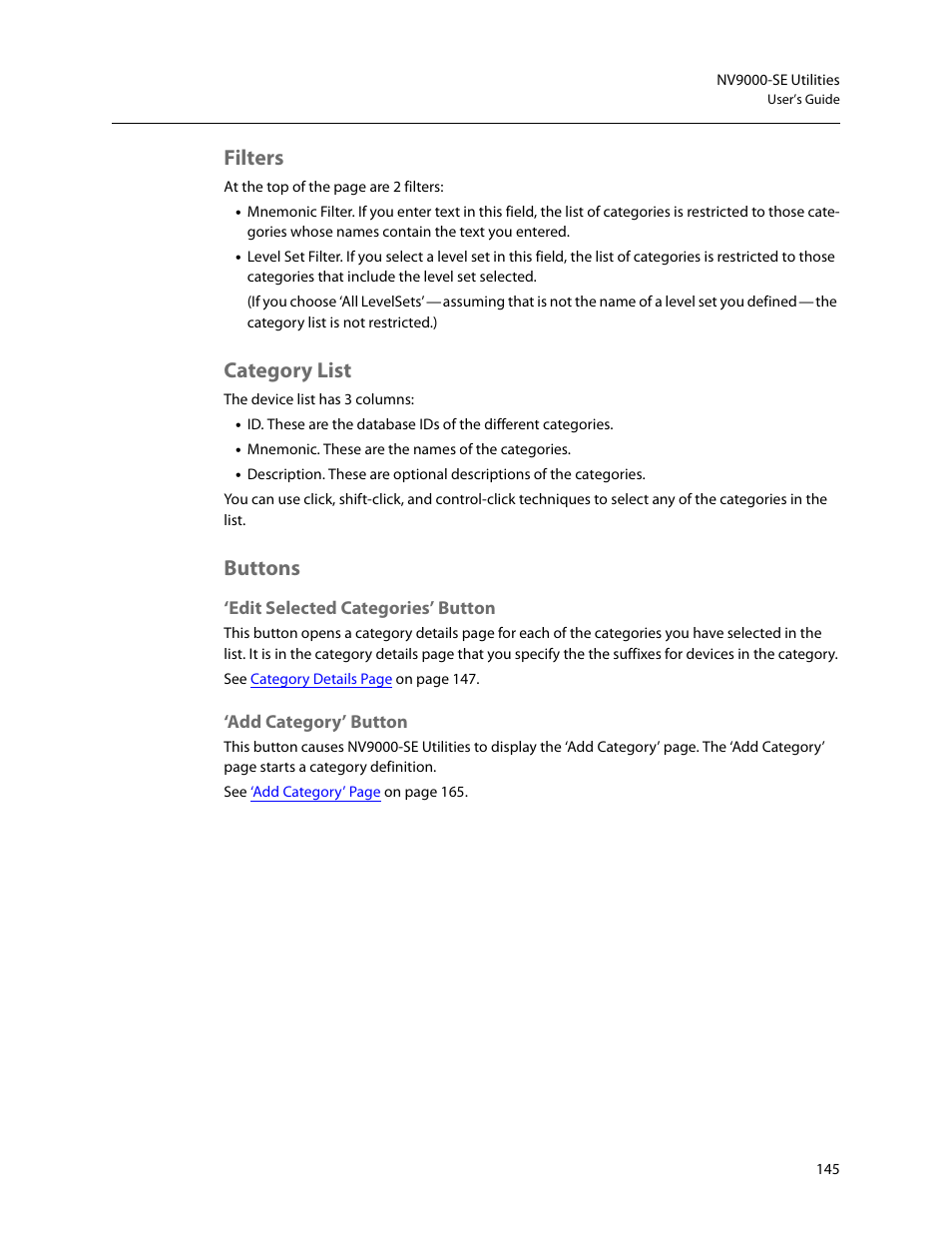 Filters, Category list, Buttons | Edit selected categories’ button, Add category’ button, Filters category list buttons | Grass Valley NV9000-SE v.5.0 User Manual | Page 163 / 540