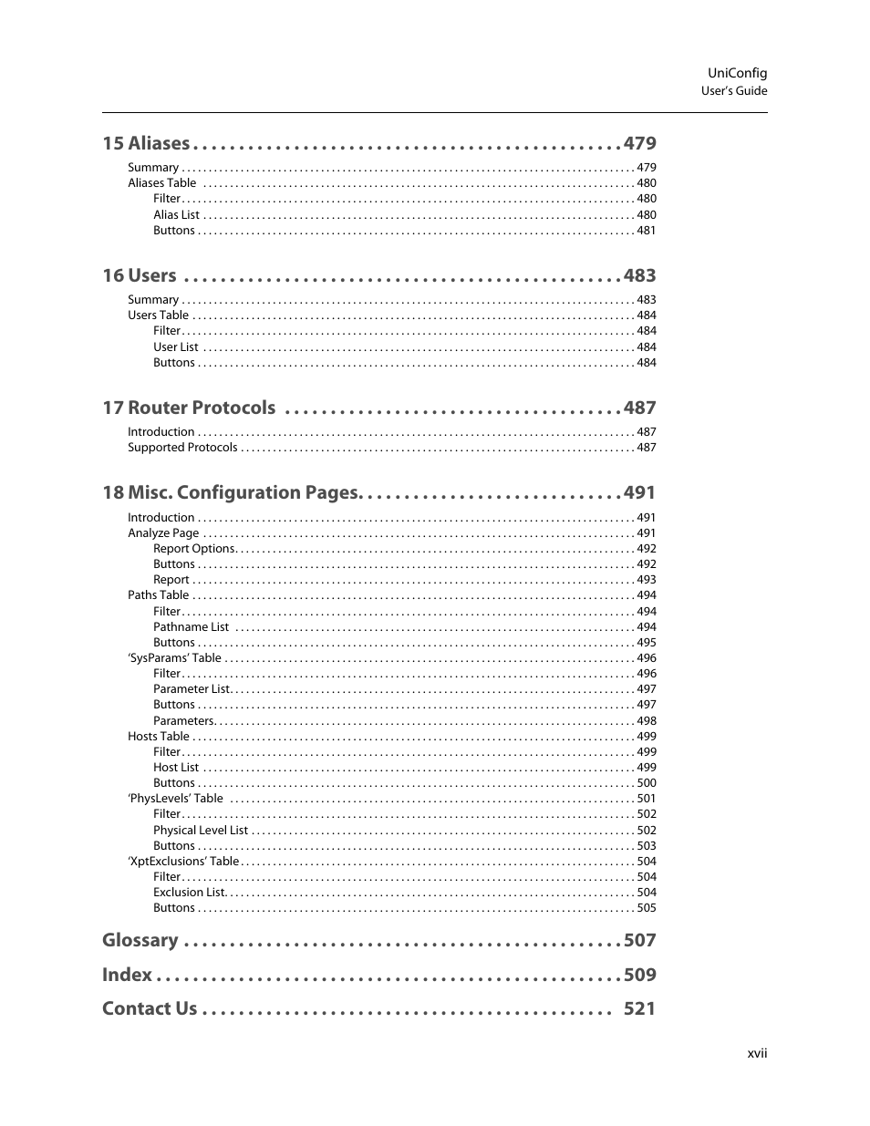 15 aliases, 16 users, 17 router protocols | 18 misc. configuration pages, Glossary index contact us | Grass Valley NV9000-SE v.5.0 User Manual | Page 17 / 540