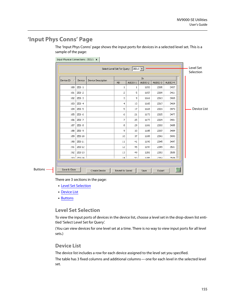 Level set selection, Device list, Level set selection device list | Input phys conns’ page | Grass Valley NV9000-SE v.5.0 User Manual | Page 173 / 540