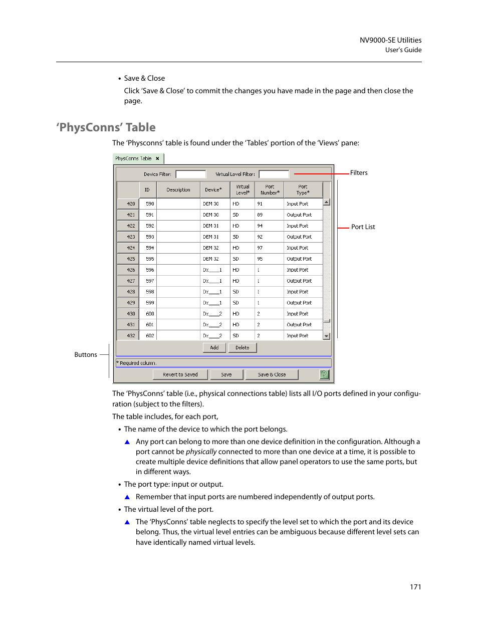 Physconns’ table | Grass Valley NV9000-SE v.5.0 User Manual | Page 189 / 540