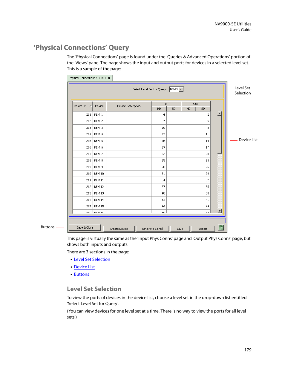 Physical connections’ query, Level set selection | Grass Valley NV9000-SE v.5.0 User Manual | Page 197 / 540