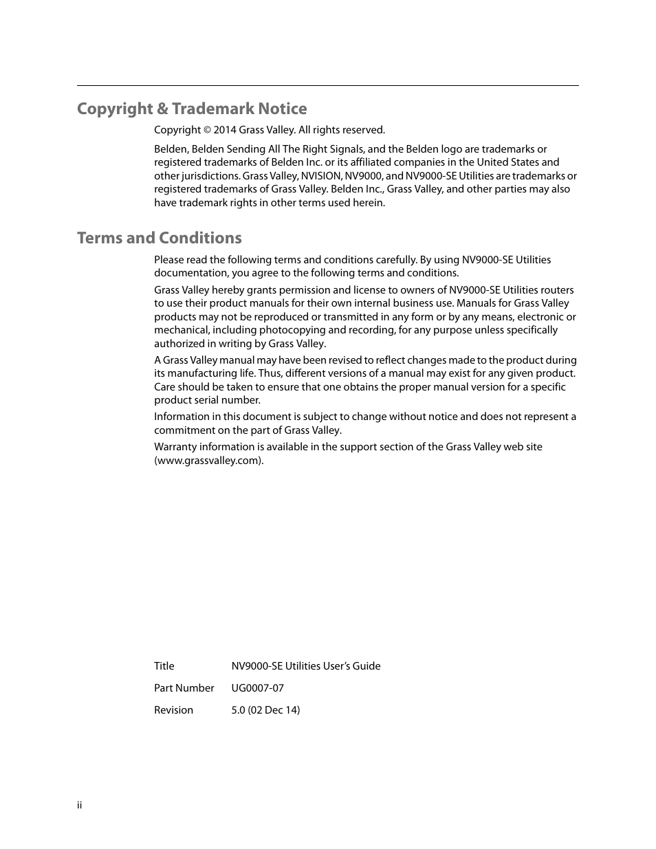 Copyright & trademark notice, Terms and conditions | Grass Valley NV9000-SE v.5.0 User Manual | Page 2 / 540