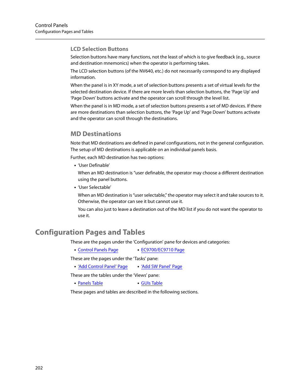 Lcd selection buttons, Md destinations, Configuration pages and tables | Grass Valley NV9000-SE v.5.0 User Manual | Page 220 / 540