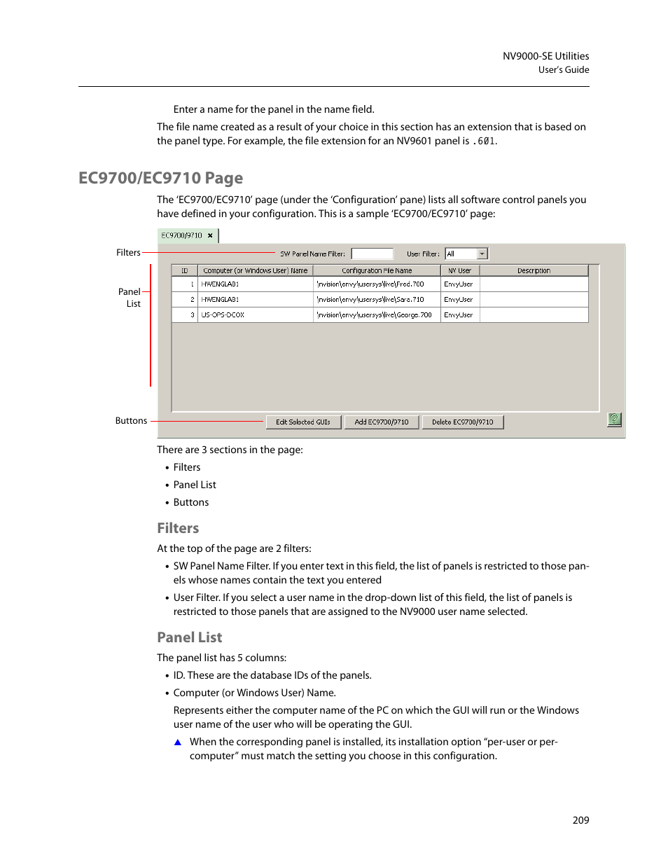 Filters, Panel list, Filters panel list | Grass Valley NV9000-SE v.5.0 User Manual | Page 227 / 540