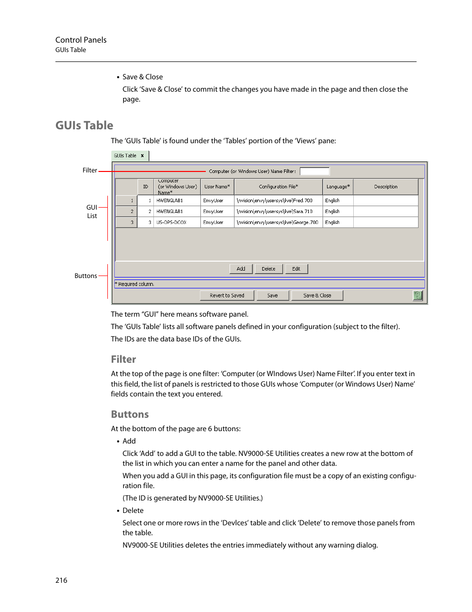 Guis table, Filter, Buttons | Filter buttons | Grass Valley NV9000-SE v.5.0 User Manual | Page 234 / 540