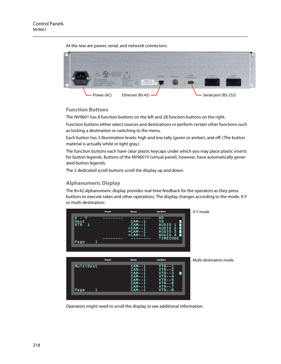 Function buttons, Alphanumeric display, Control panels | Grass Valley NV9000-SE v.5.0 User Manual | Page 236 / 540