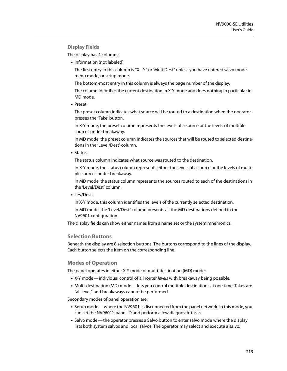 Selection buttons, Modes of operation | Grass Valley NV9000-SE v.5.0 User Manual | Page 237 / 540