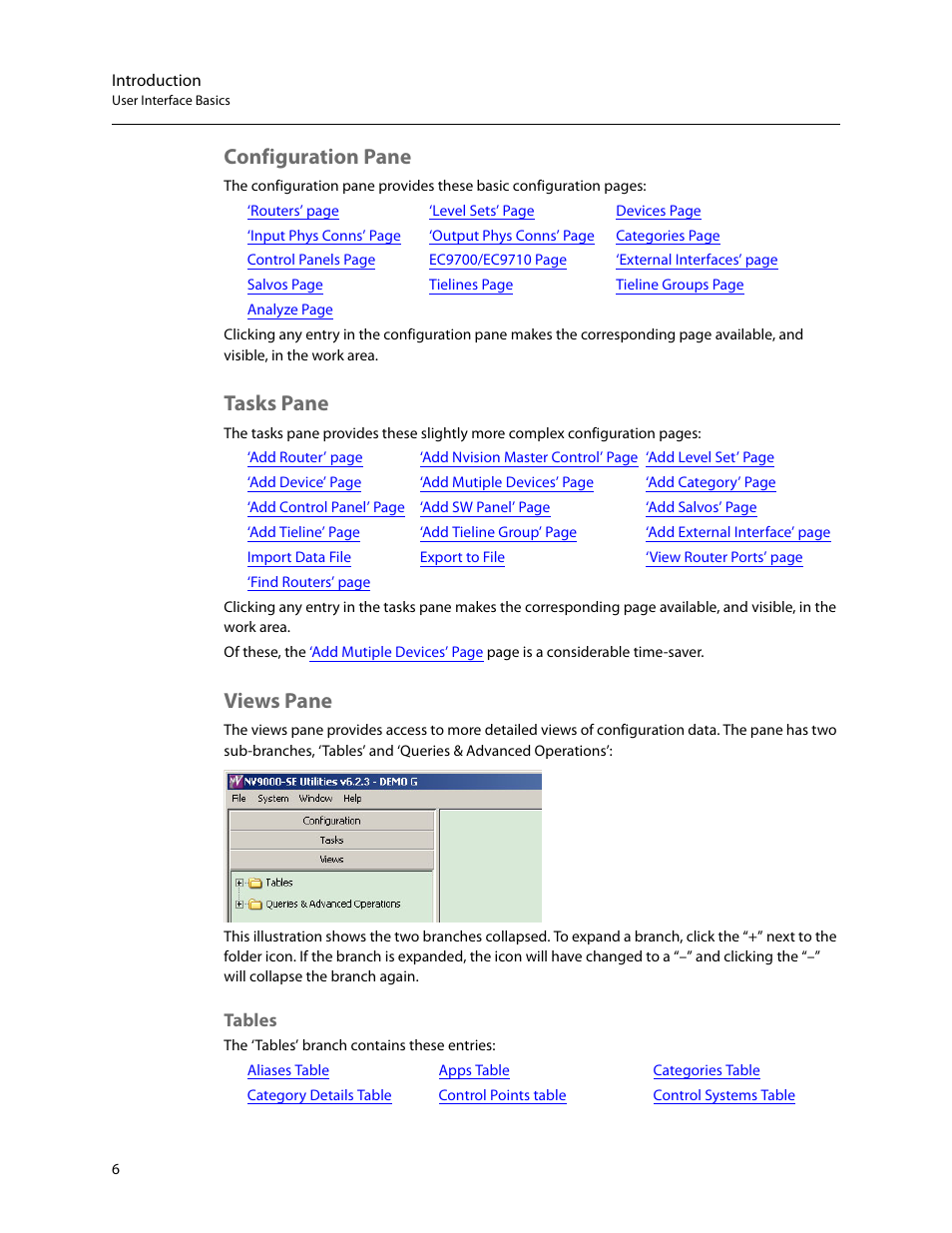 Configuration pane, Tasks pane, Views pane | Tables, Configuration pane tasks pane views pane | Grass Valley NV9000-SE v.5.0 User Manual | Page 24 / 540