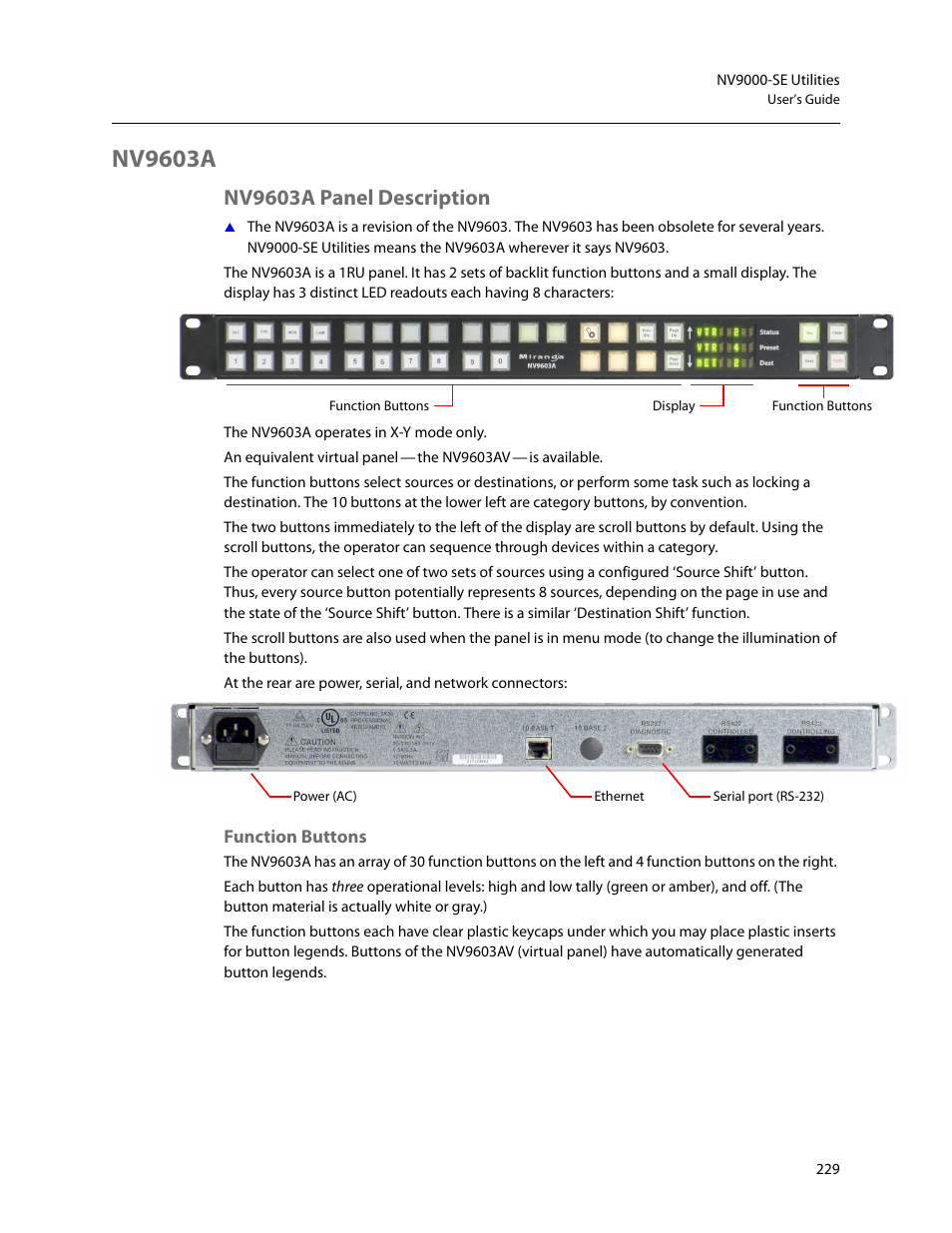 Nv9603a, Nv9603a panel description, Function buttons | Grass Valley NV9000-SE v.5.0 User Manual | Page 247 / 540
