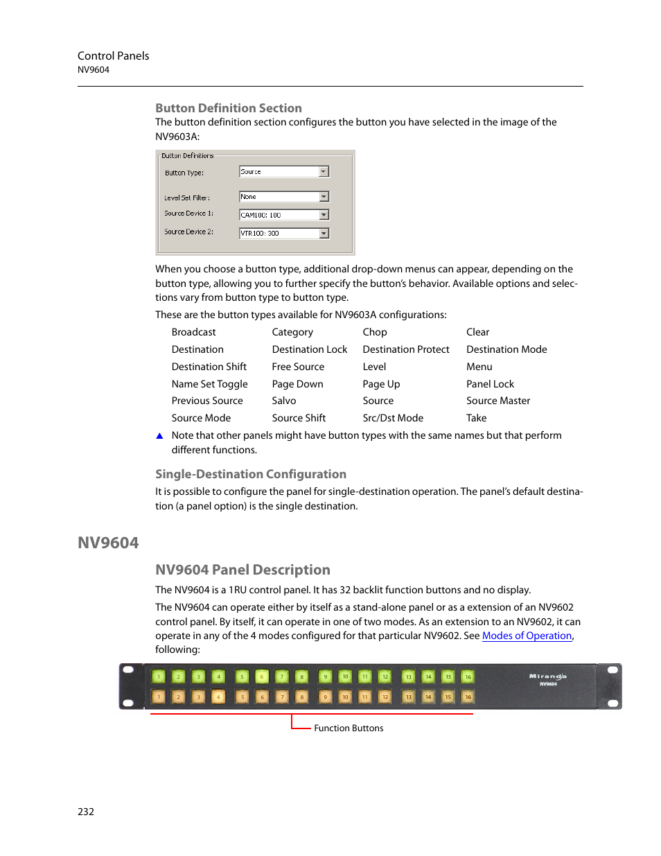 Button definition section, Single-destination configuration, Nv9604 | Nv9604 panel description | Grass Valley NV9000-SE v.5.0 User Manual | Page 250 / 540