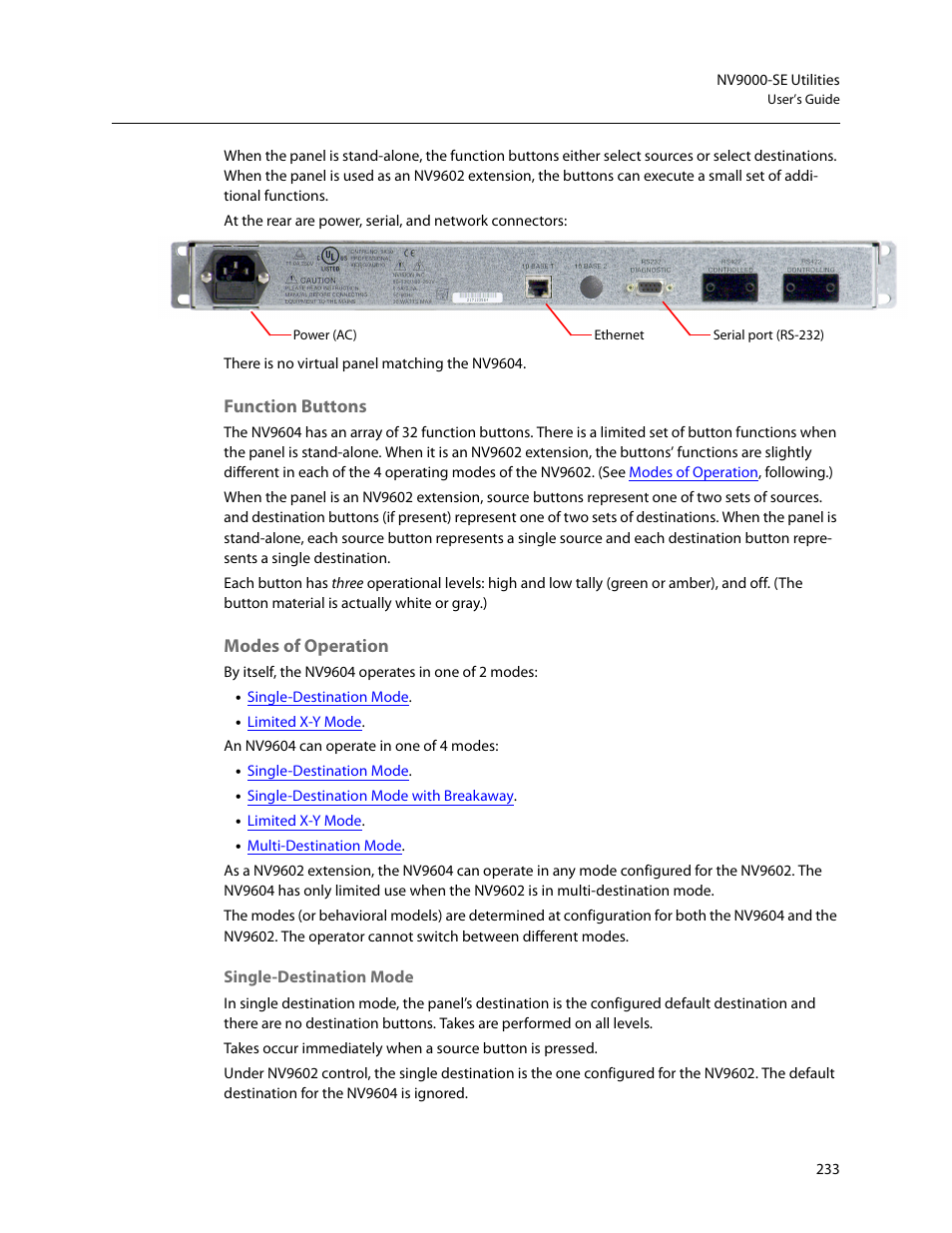 Function buttons, Modes of operation | Grass Valley NV9000-SE v.5.0 User Manual | Page 251 / 540