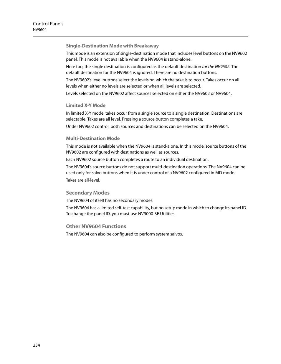 Secondary modes, Other nv9604 functions | Grass Valley NV9000-SE v.5.0 User Manual | Page 252 / 540