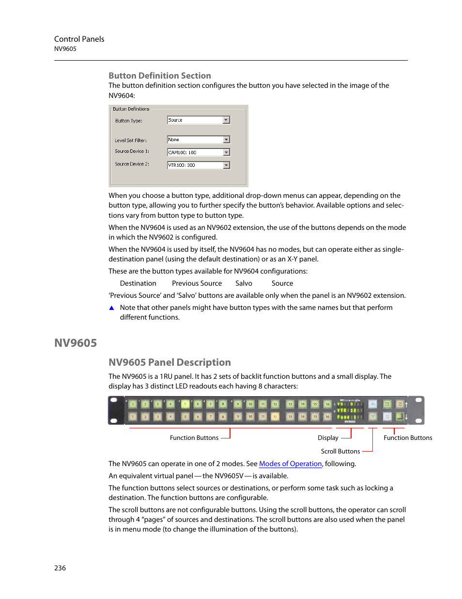 Button definition section, Nv9605, Nv9605 panel description | Grass Valley NV9000-SE v.5.0 User Manual | Page 254 / 540