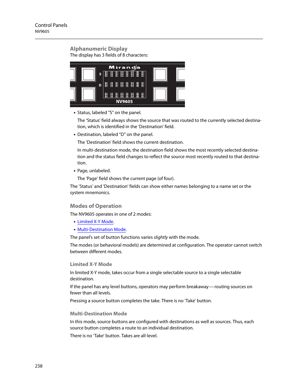 Alphanumeric display, Modes of operation | Grass Valley NV9000-SE v.5.0 User Manual | Page 256 / 540