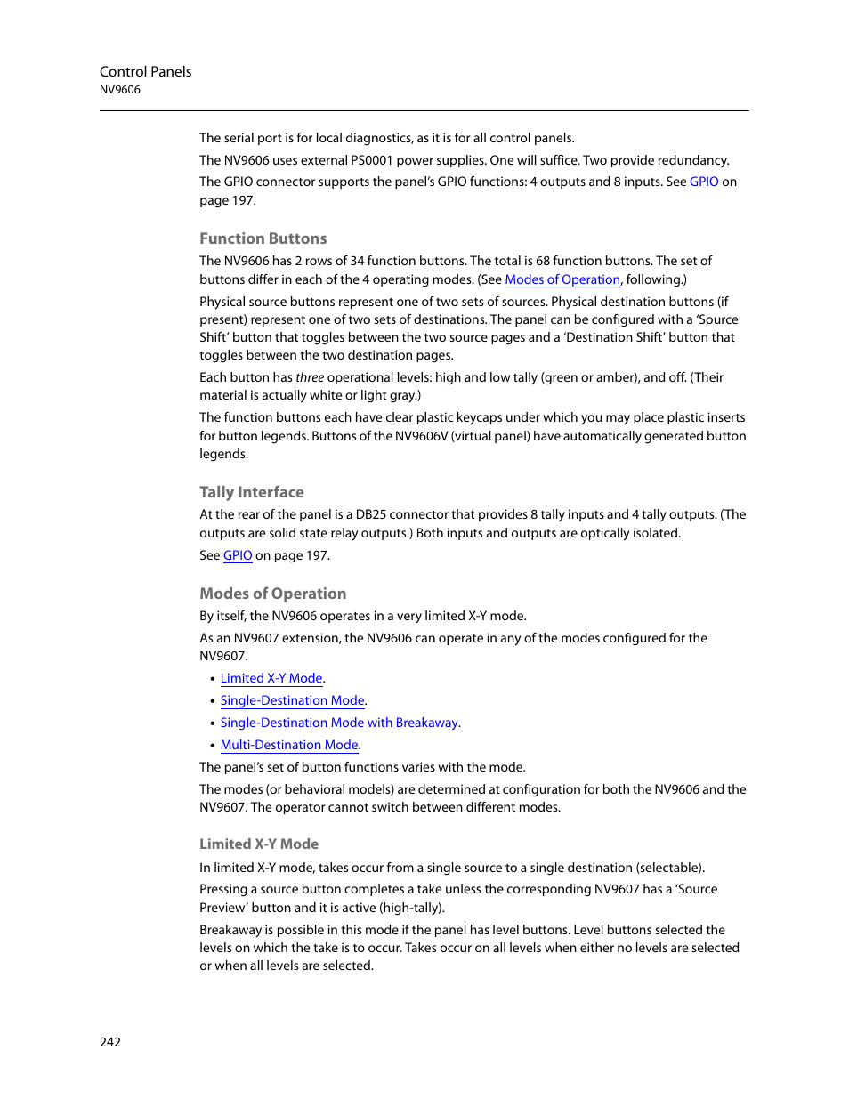 Function buttons, Tally interface, Modes of operation | Grass Valley NV9000-SE v.5.0 User Manual | Page 260 / 540