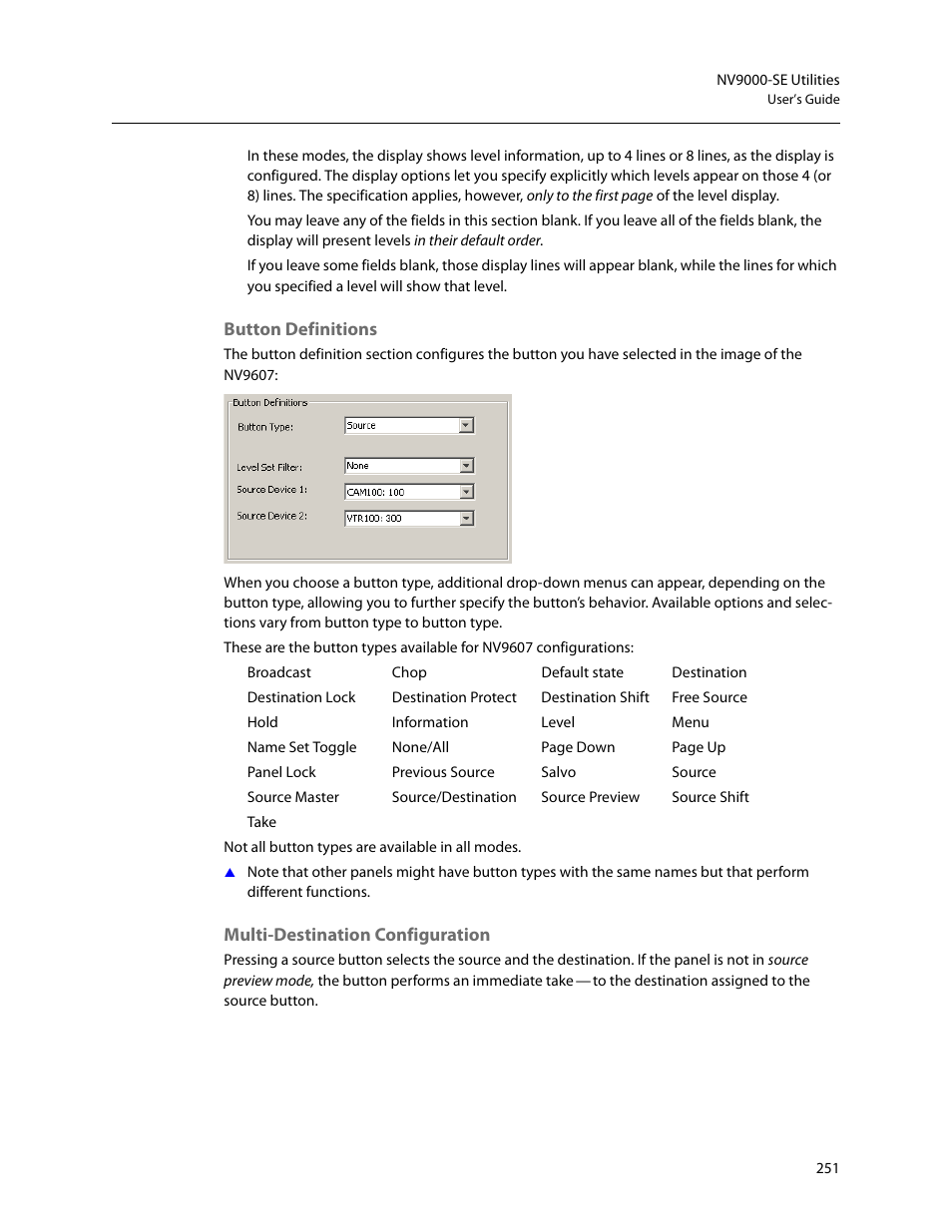 Button definitions, Multi-destination configuration | Grass Valley NV9000-SE v.5.0 User Manual | Page 269 / 540