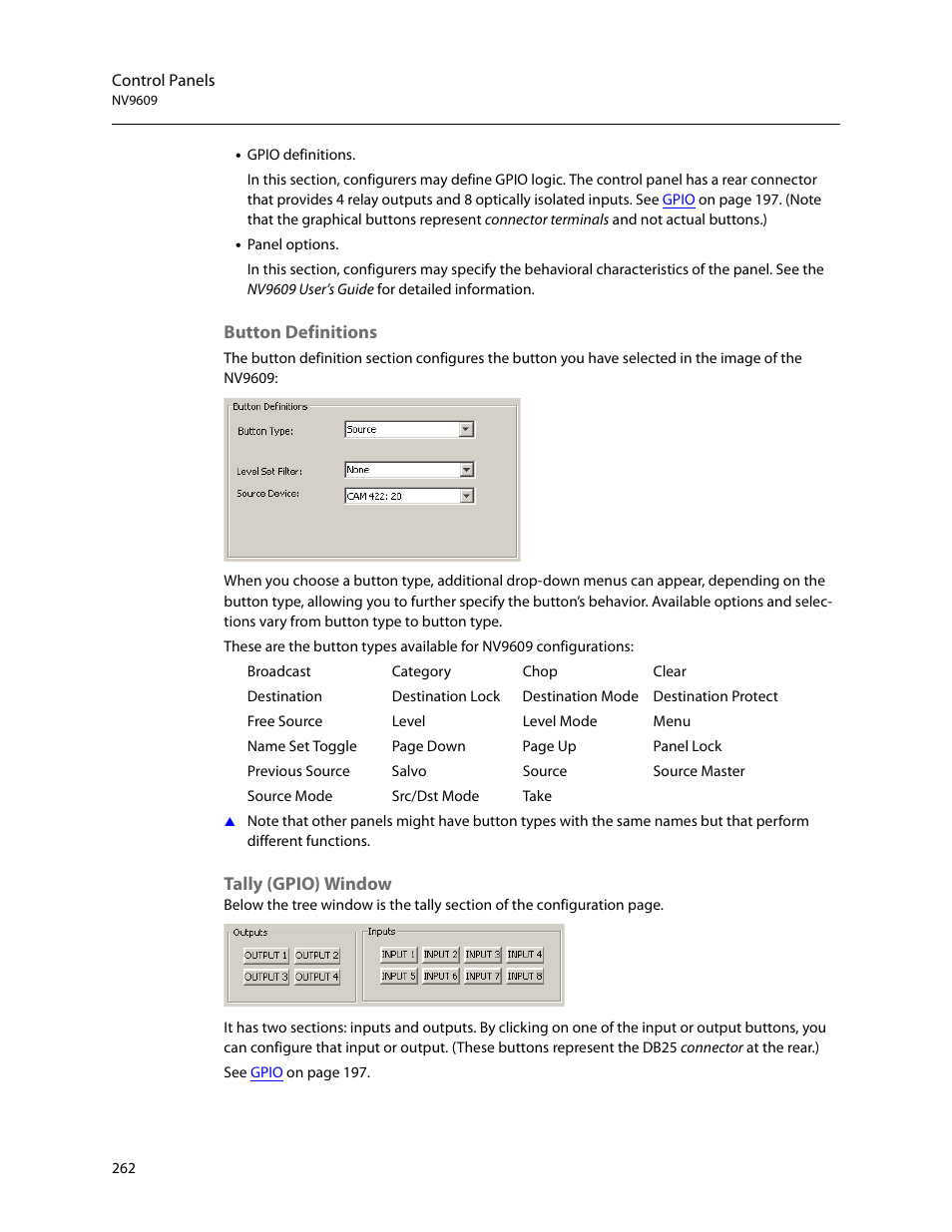 Button definitions, Tally (gpio) window | Grass Valley NV9000-SE v.5.0 User Manual | Page 280 / 540