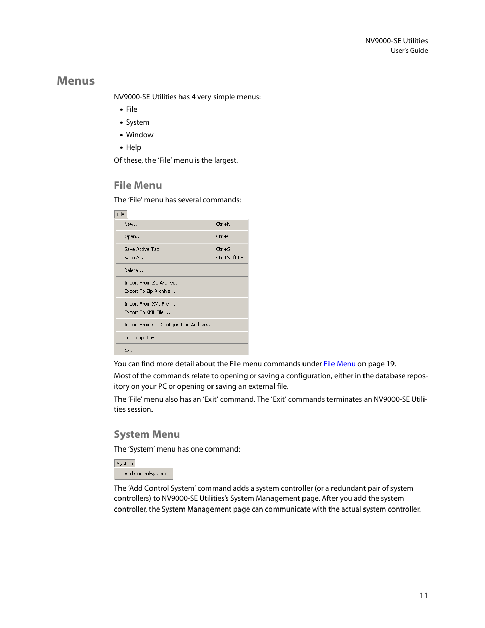 Menus, File menu, System menu | File menu system menu | Grass Valley NV9000-SE v.5.0 User Manual | Page 29 / 540