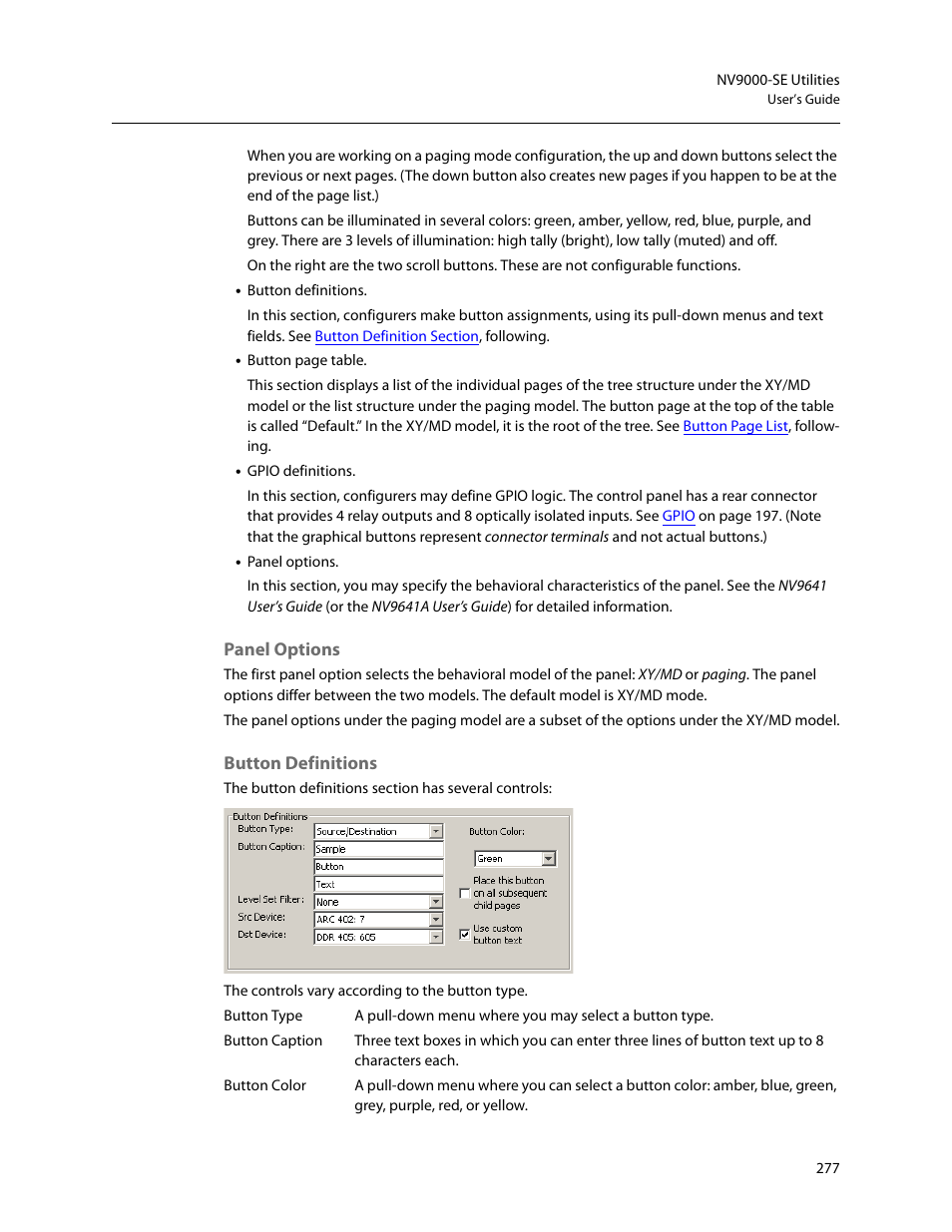 Panel options, Button definitions | Grass Valley NV9000-SE v.5.0 User Manual | Page 295 / 540