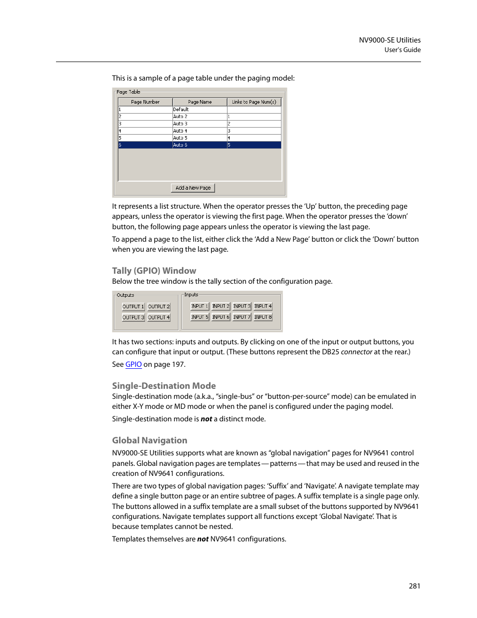 Tally (gpio) window, Single-destination mode, Global navigation | Grass Valley NV9000-SE v.5.0 User Manual | Page 299 / 540