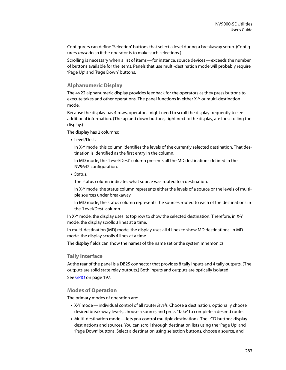 Alphanumeric display, Tally interface, Modes of operation | Grass Valley NV9000-SE v.5.0 User Manual | Page 301 / 540