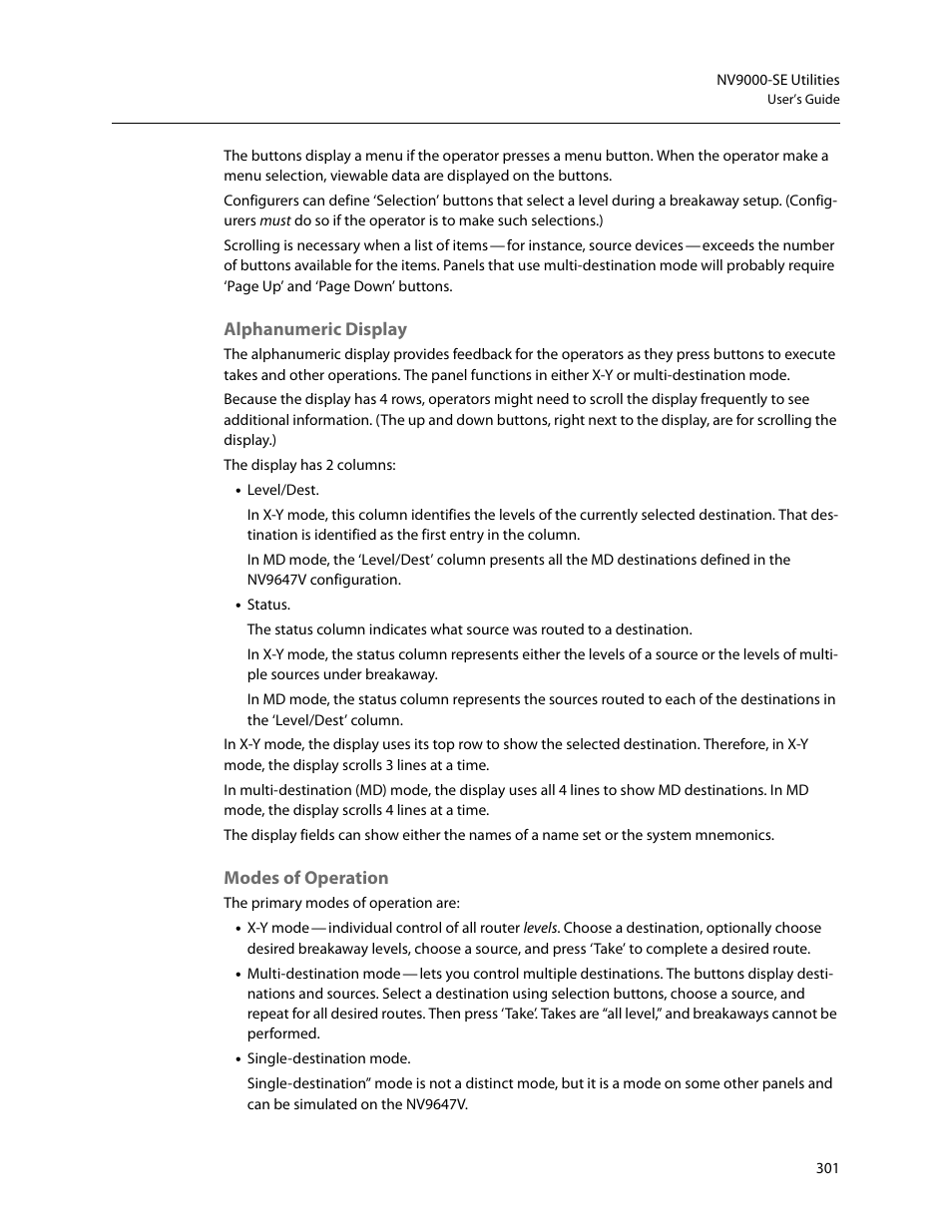 Alphanumeric display, Modes of operation | Grass Valley NV9000-SE v.5.0 User Manual | Page 319 / 540