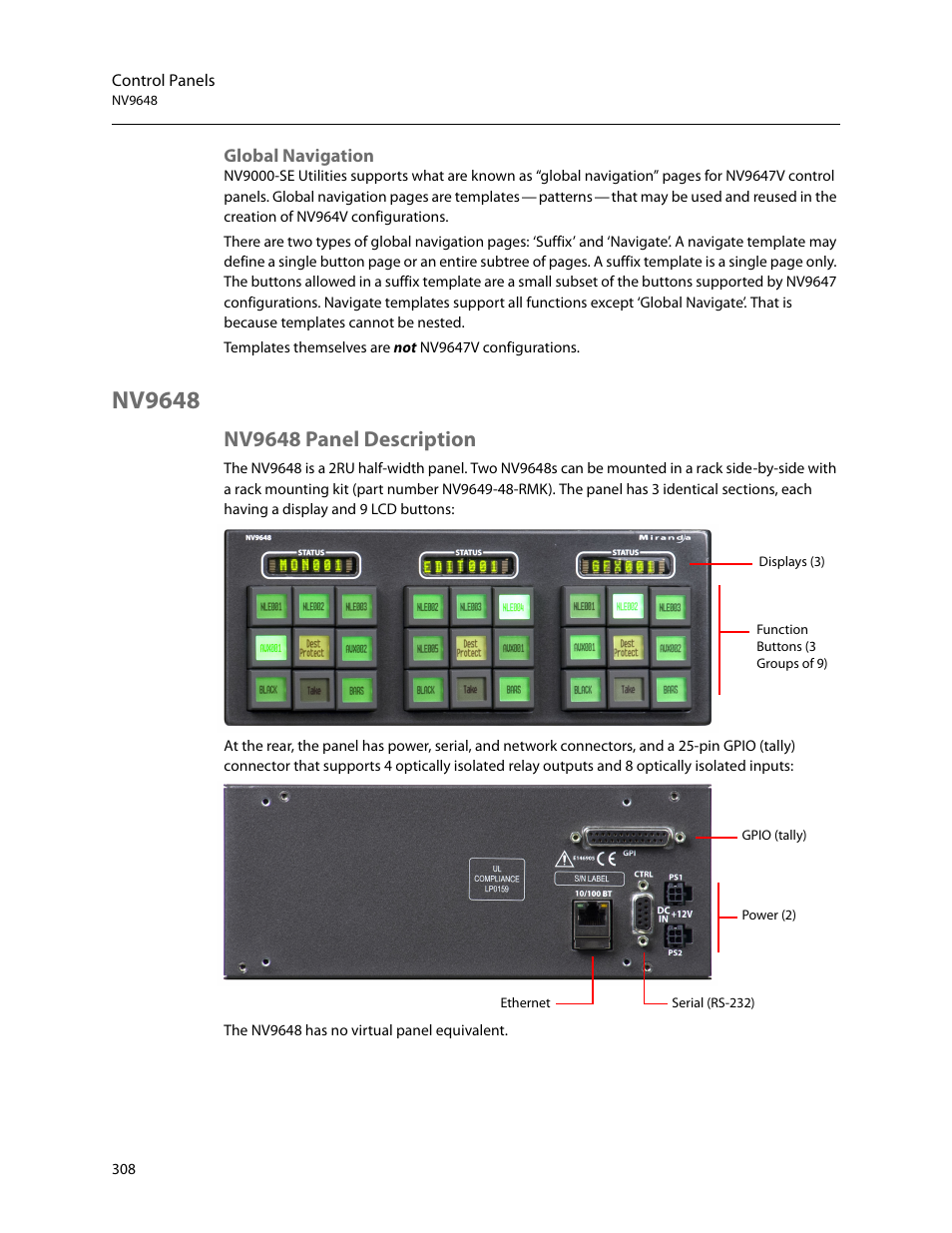 Global navigation, Nv9648, Nv9648 panel description | Grass Valley NV9000-SE v.5.0 User Manual | Page 326 / 540