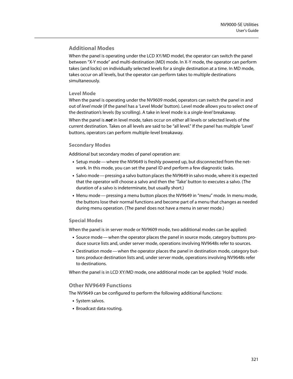 Additional modes, Other nv9649 functions | Grass Valley NV9000-SE v.5.0 User Manual | Page 339 / 540