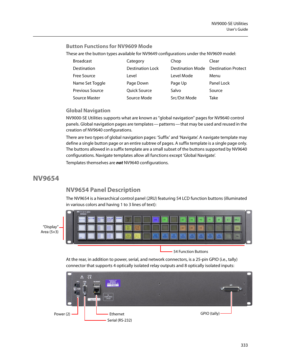 Button functions for nv9609 mode, Global navigation, Nv9654 | Nv9654 panel description | Grass Valley NV9000-SE v.5.0 User Manual | Page 351 / 540