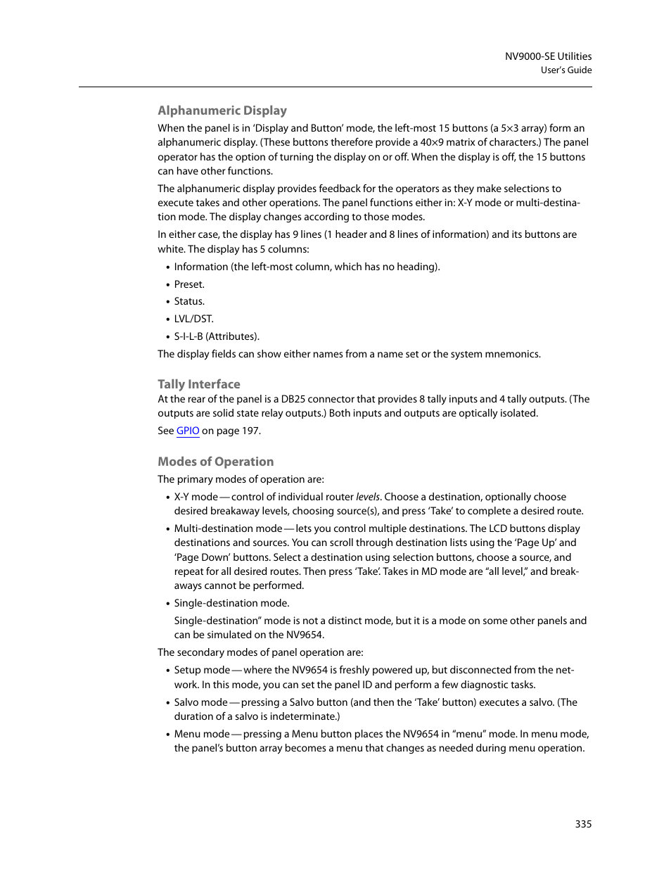 Alphanumeric display, Tally interface, Modes of operation | Grass Valley NV9000-SE v.5.0 User Manual | Page 353 / 540