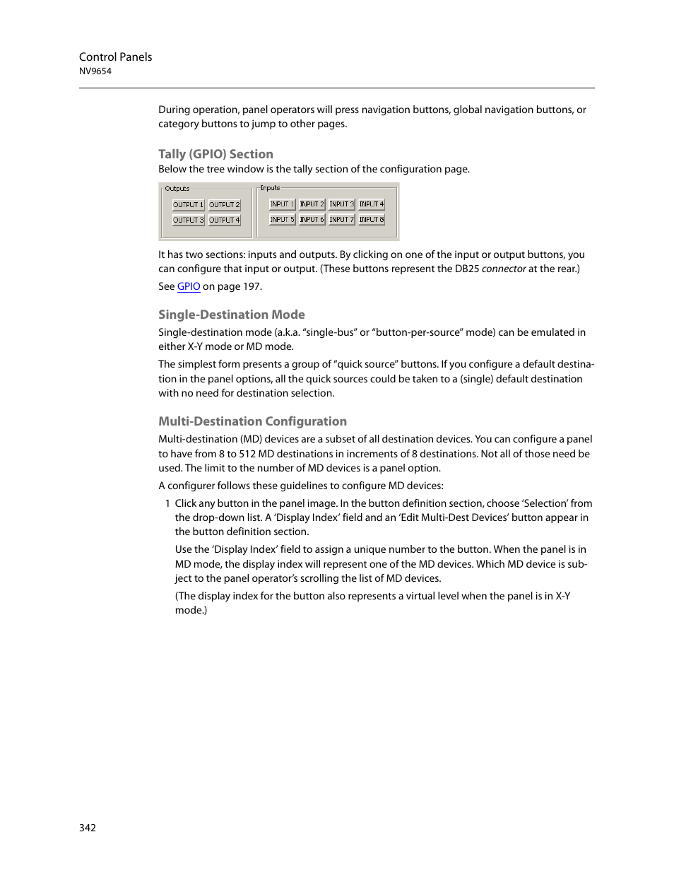 Tally (gpio) section, Single-destination mode, Multi-destination configuration | Grass Valley NV9000-SE v.5.0 User Manual | Page 360 / 540