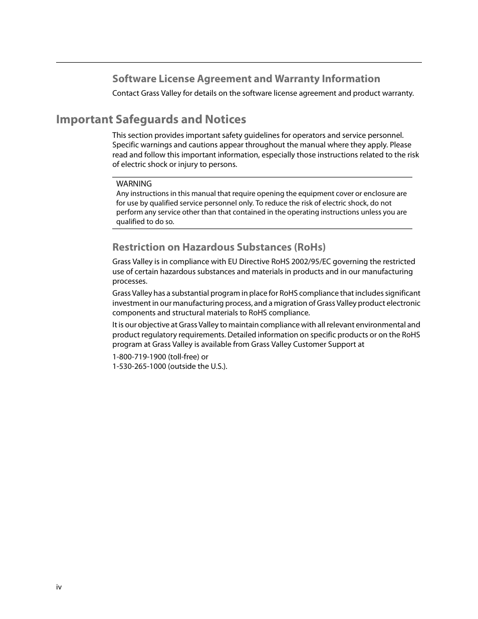 Important safeguards and notices, Restriction on hazardous substances (rohs) | Grass Valley NV9000-SE v.5.0 User Manual | Page 4 / 540