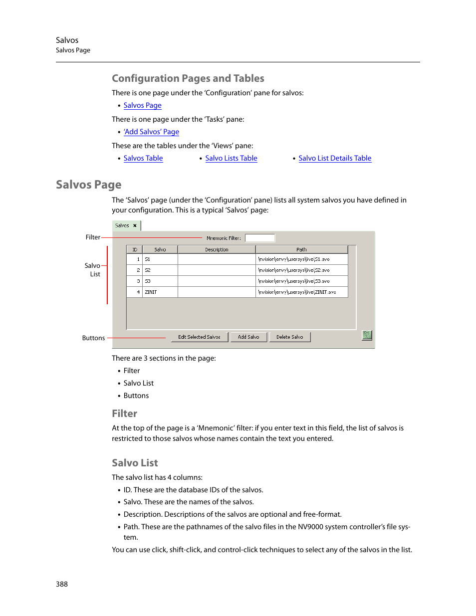 Filter, Salvo list, Filter salvo list | Salvos page, Configuration pages and tables | Grass Valley NV9000-SE v.5.0 User Manual | Page 406 / 540