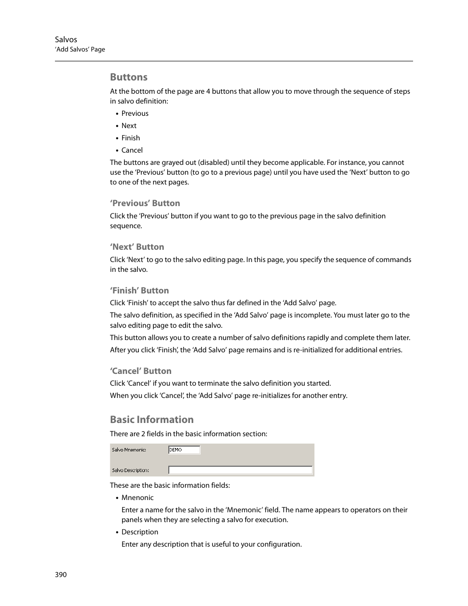 Buttons, Previous’ button, Next’ button | Finish’ button, Cancel’ button, Basic information, Buttons basic information | Grass Valley NV9000-SE v.5.0 User Manual | Page 408 / 540