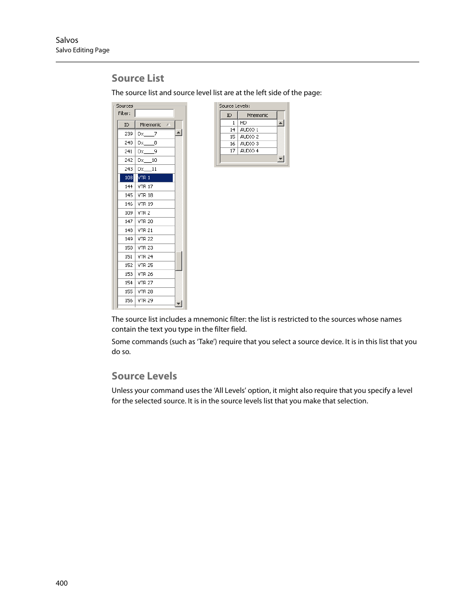 Source list, Source levels, Source list source levels | Grass Valley NV9000-SE v.5.0 User Manual | Page 418 / 540