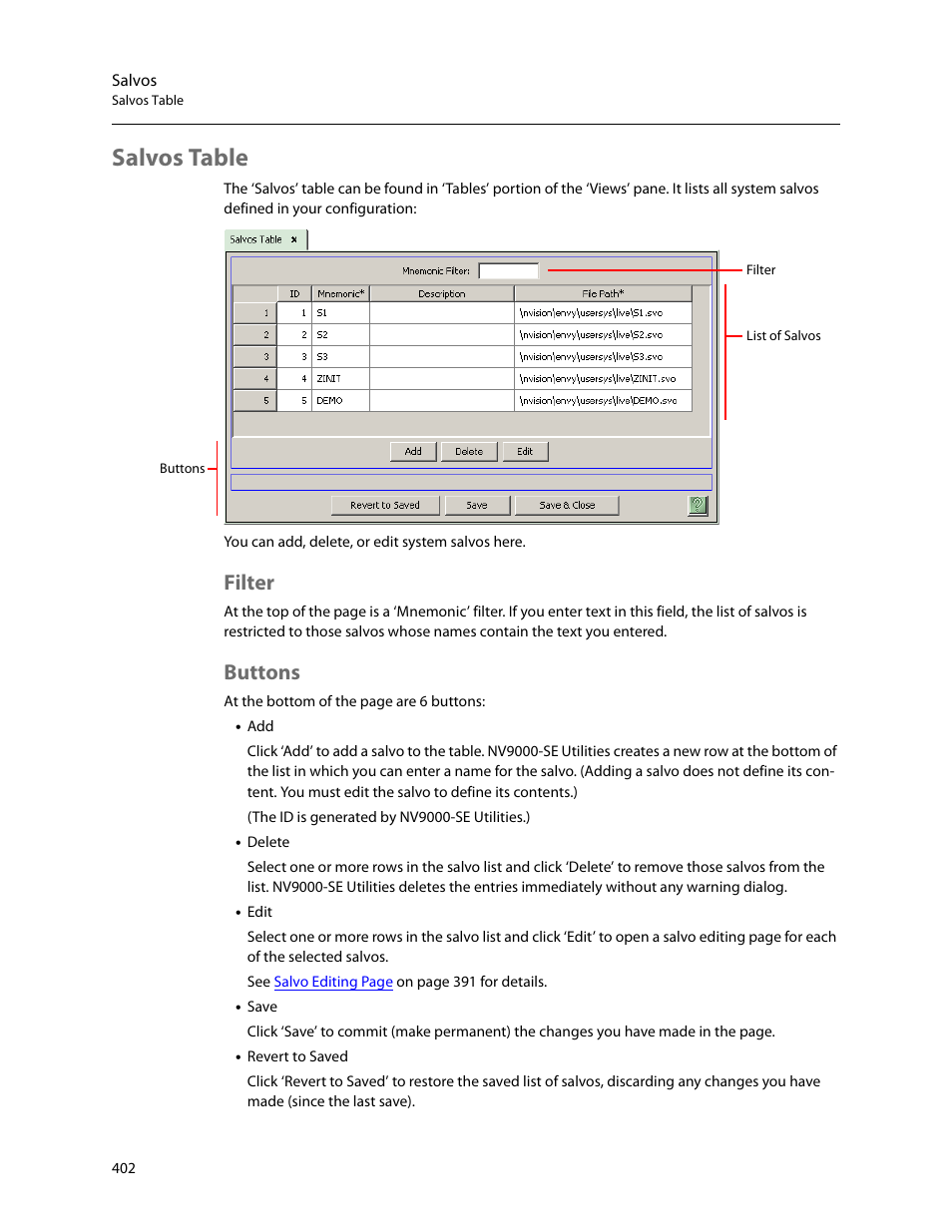 Salvos table, Filter, Buttons | Filter buttons | Grass Valley NV9000-SE v.5.0 User Manual | Page 420 / 540