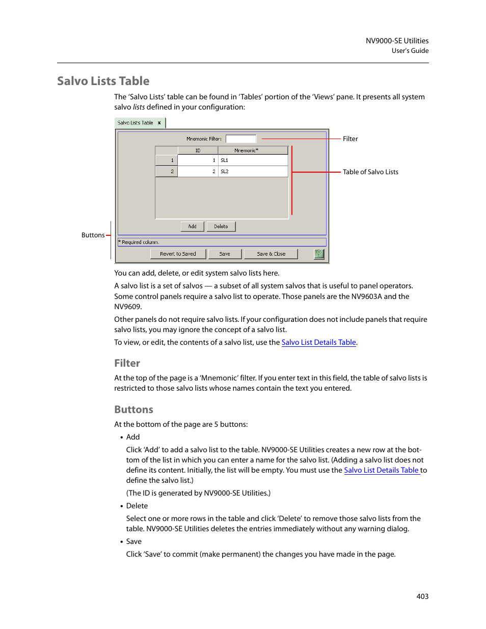 Salvo lists table, Filter, Buttons | Filter buttons | Grass Valley NV9000-SE v.5.0 User Manual | Page 421 / 540