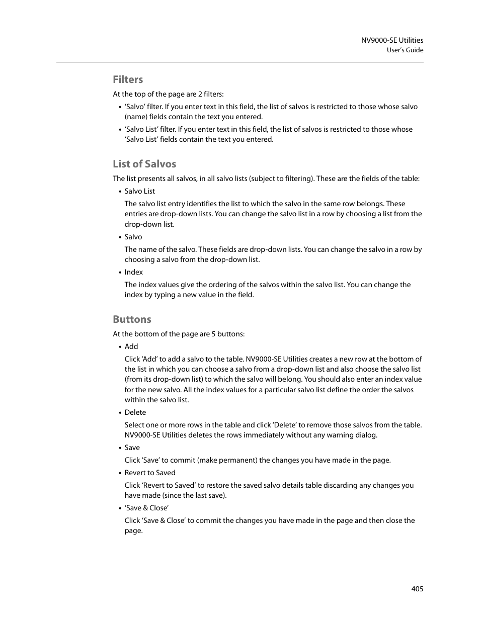 Filters, List of salvos, Buttons | Filters list of salvos buttons | Grass Valley NV9000-SE v.5.0 User Manual | Page 423 / 540