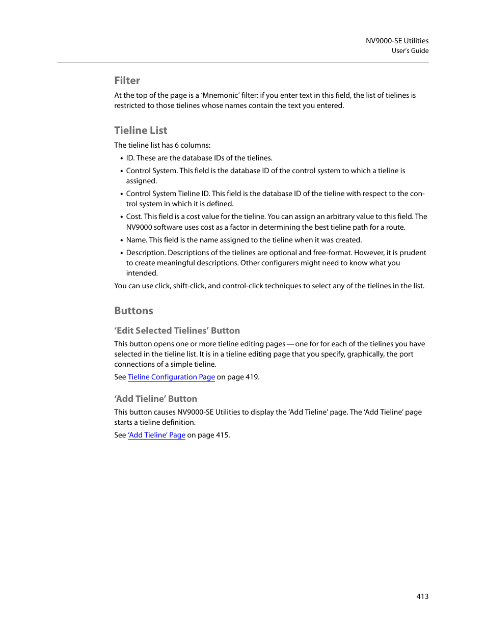 Filter, Tieline list, Buttons | Edit selected tielines’ button, Add tieline’ button, Filter tieline list buttons | Grass Valley NV9000-SE v.5.0 User Manual | Page 431 / 540