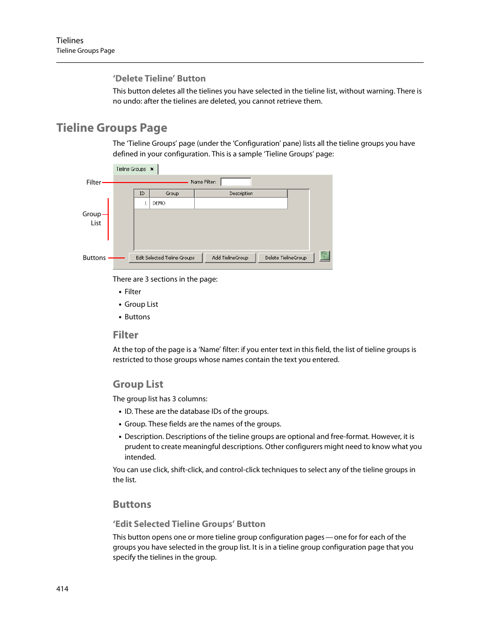 Delete tieline’ button, Filter, Group list | Buttons, Edit selected tieline groups’ button, Filter group list buttons, Tieline groups page | Grass Valley NV9000-SE v.5.0 User Manual | Page 432 / 540