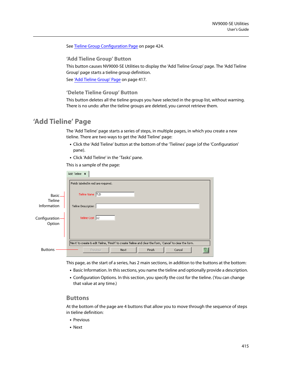 Add tieline group’ button, Delete tieline group’ button, Buttons | Add tieline’ page | Grass Valley NV9000-SE v.5.0 User Manual | Page 433 / 540