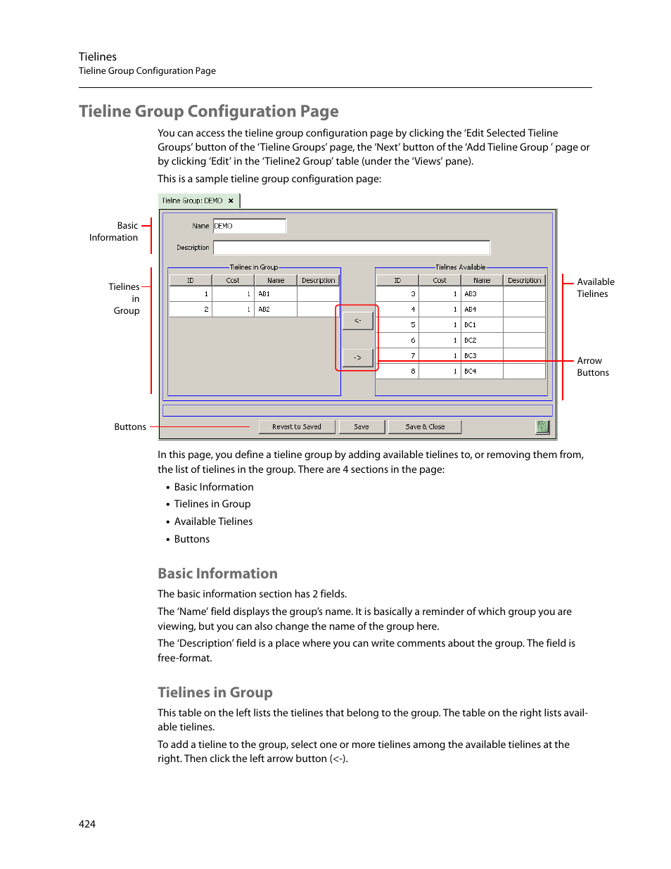 Basic information, Tielines in group, Basic information tielines in group | Tieline group configuration page | Grass Valley NV9000-SE v.5.0 User Manual | Page 442 / 540