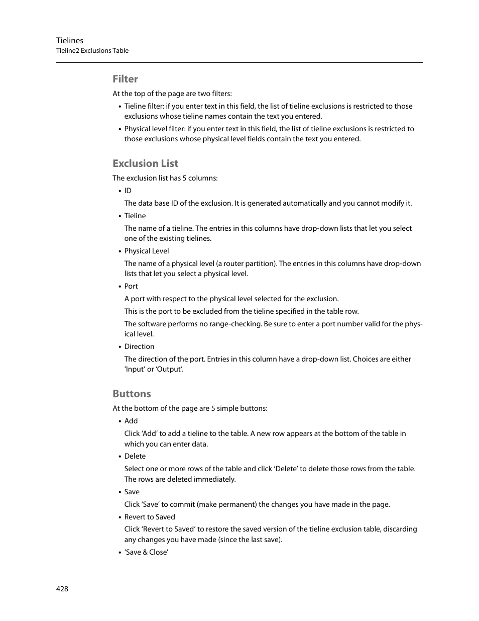 Filter, Exclusion list, Buttons | Filter exclusion list buttons | Grass Valley NV9000-SE v.5.0 User Manual | Page 446 / 540