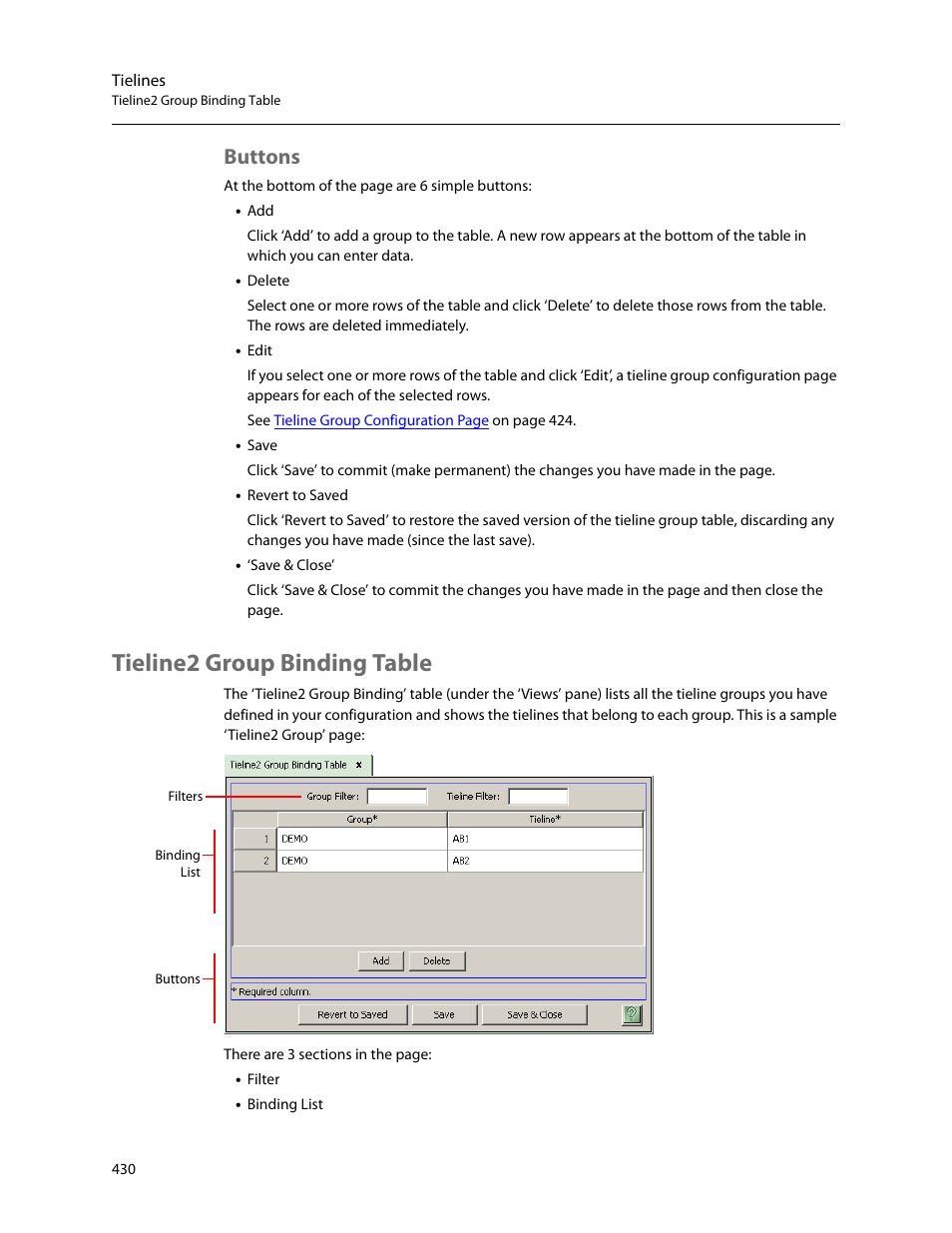 Buttons, Tieline2 group binding table | Grass Valley NV9000-SE v.5.0 User Manual | Page 448 / 540